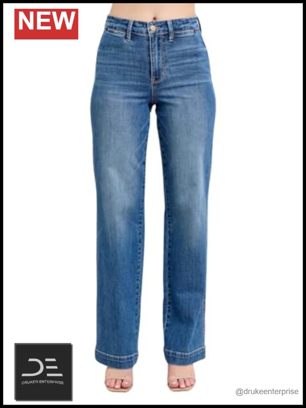 High Waist Straight Leg Denim Trouser Jeans 32.5" Inseam Stretch Cotton Blend